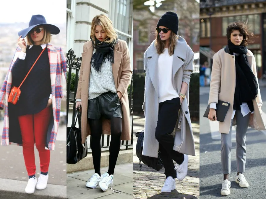 Como combinar outfits de inverno com sapatilhas brancas
